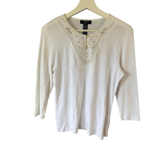 Chaps White Cotton Lace Trim Crochet Top Pearl Buttons 3/4 Sleeve Petite PL - Picture 2 of 7